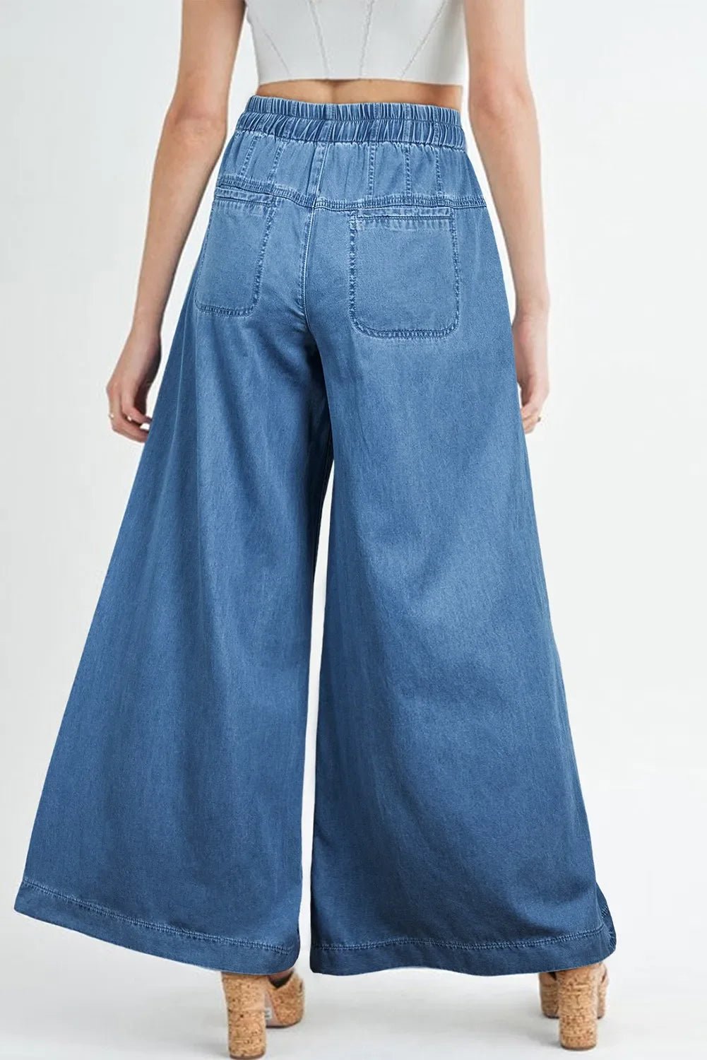 Drawstring Elastic Waist Wide Leg Jeans - minbolu -