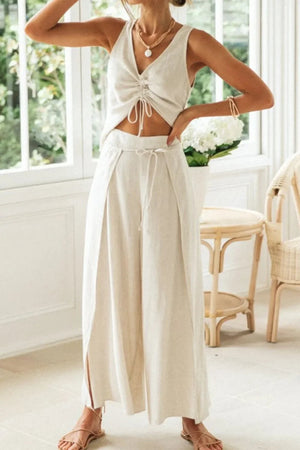 Drawstring V-Neck Tank and Wide-Leg Pants Set - Cream - minbolu -