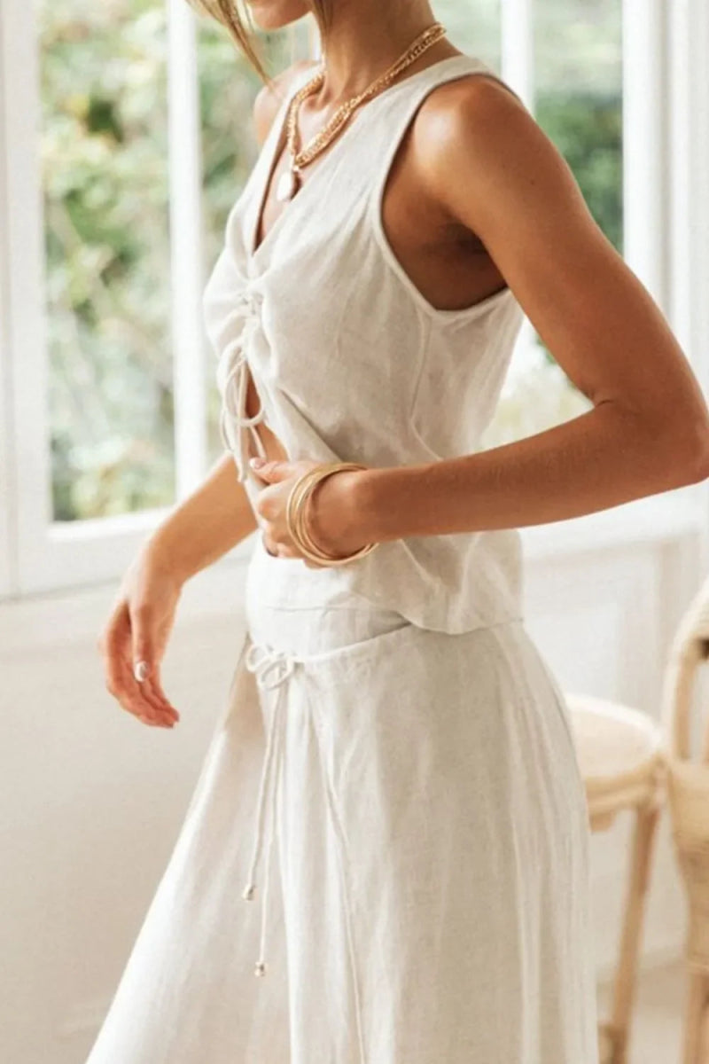 Drawstring V-Neck Tank and Wide-Leg Pants Set - Cream - minbolu -