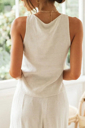 Drawstring V-Neck Tank and Wide-Leg Pants Set - Cream - minbolu -