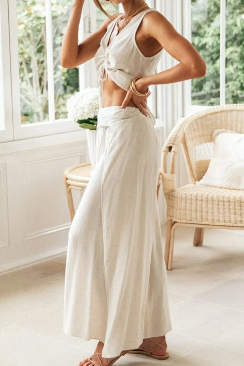 Drawstring V-Neck Tank and Wide-Leg Pants Set - Cream - minbolu -