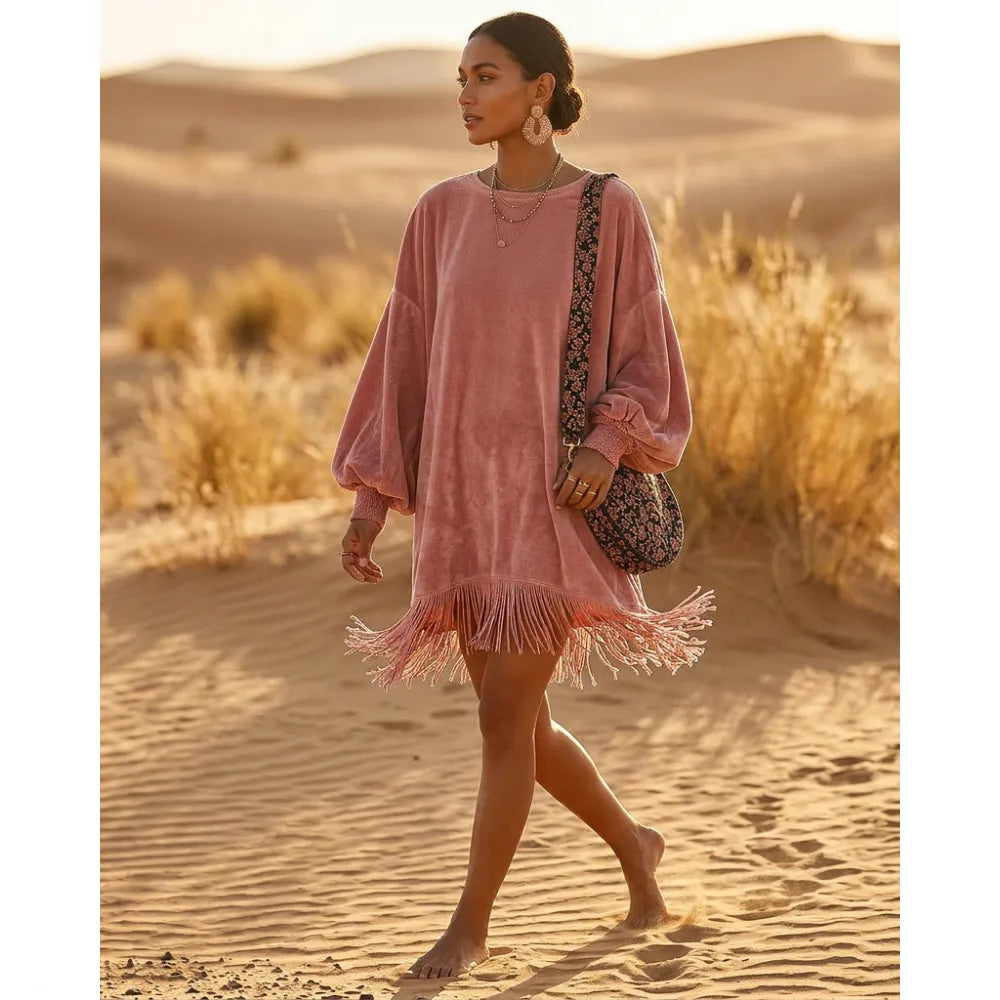 Boho Velvet Fringe Mini Dress with Balloon Sleeves