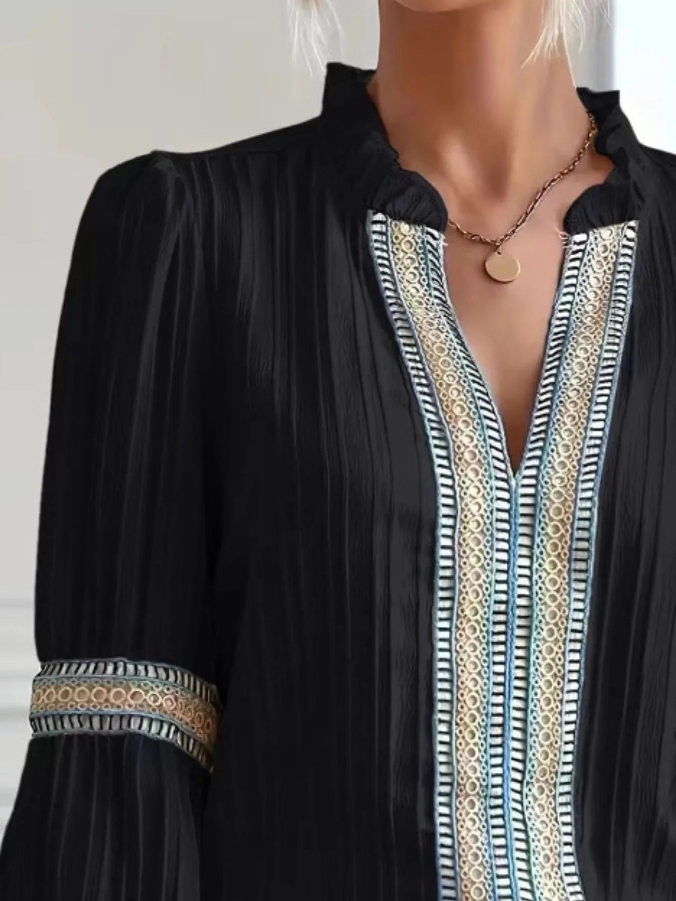 Notched Textured Balloon Sleeve Blouse - minbolu -