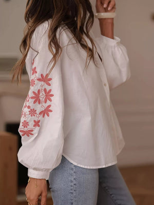 Embroidered Button Up Long Sleeve Shirt - minbolu -