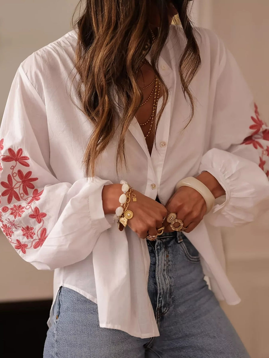 Embroidered Button Up Long Sleeve Shirt - minbolu -
