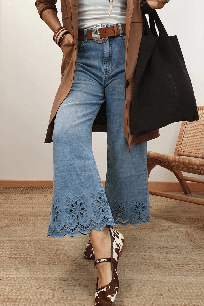 Embroidered High Waist Jeans - Dusk Blue Wide Leg Cropped - minbolu -