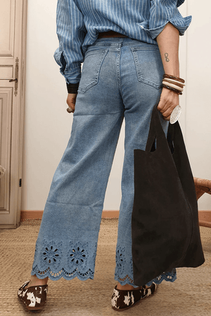 Embroidered High Waist Jeans - Dusk Blue Wide Leg Cropped - minbolu -