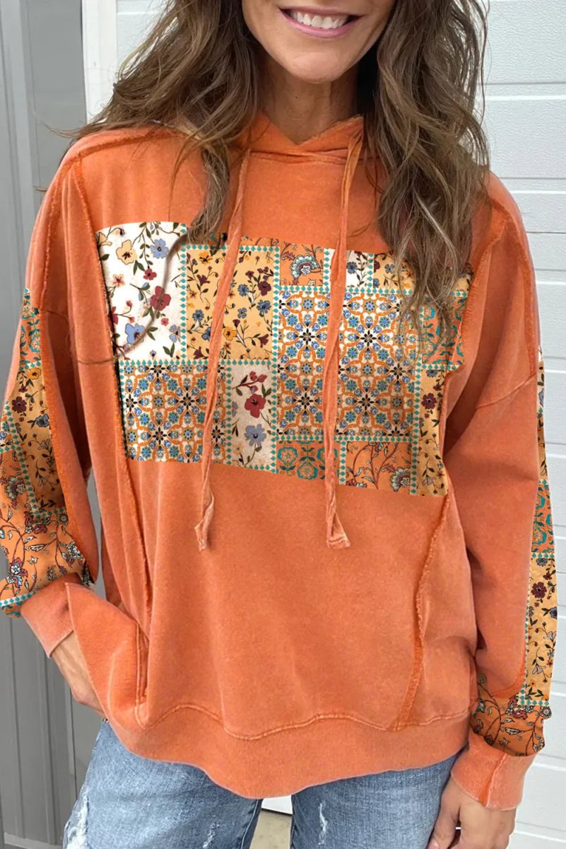 Flamingo Mix Floral Patchwork Side Slit Drawstring Hoodie - minbolu -