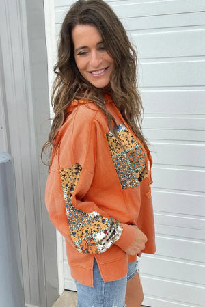 Flamingo Mix Floral Patchwork Side Slit Drawstring Hoodie - minbolu -