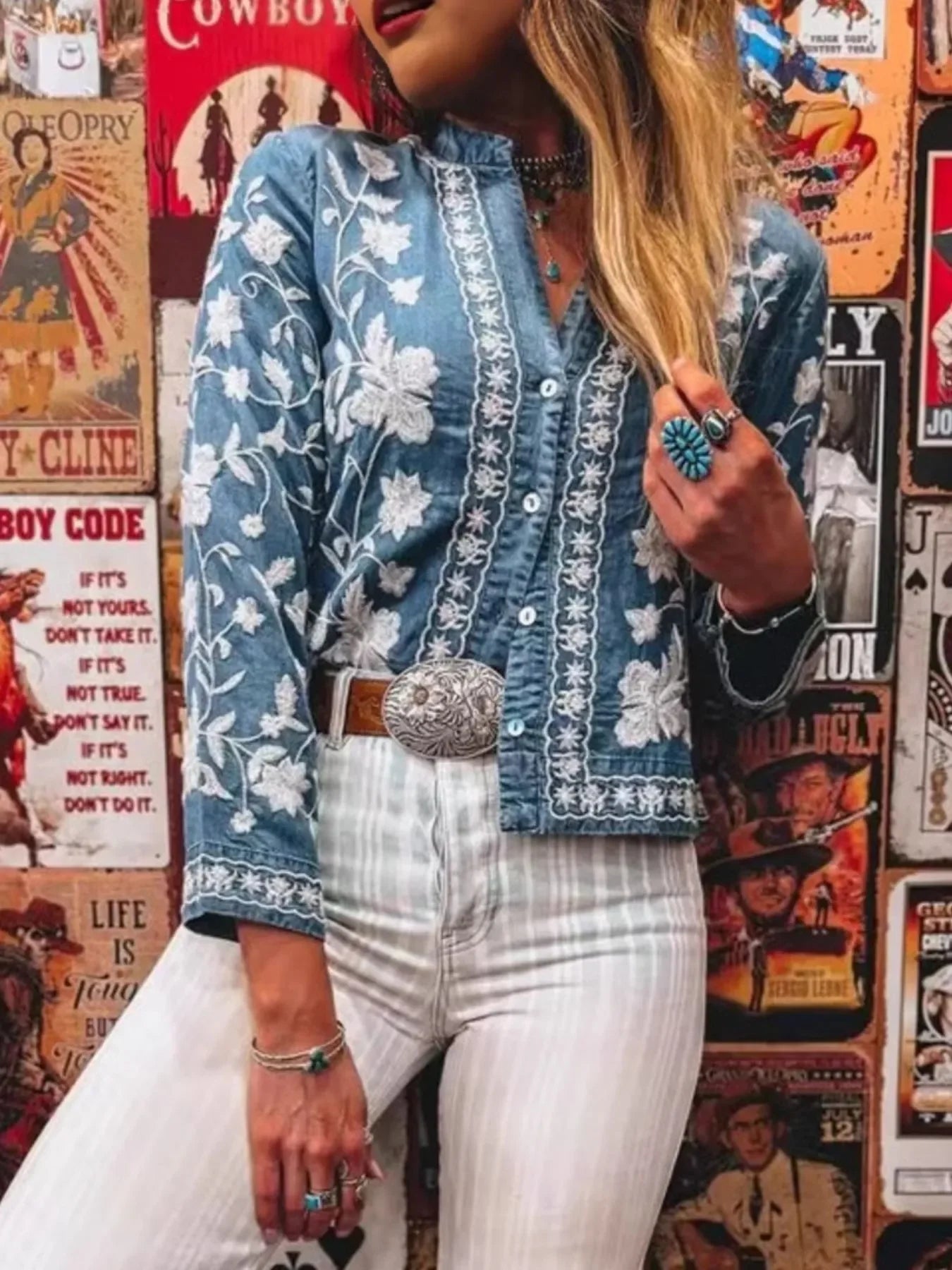 Floral Embroidered Button Up Denim Shirt - minbolu -