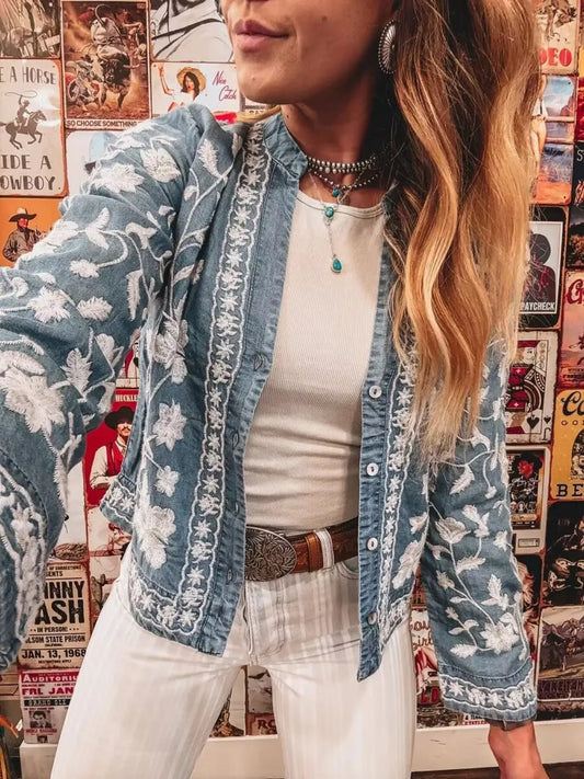 Floral Embroidered Button Up Denim Shirt - minbolu -
