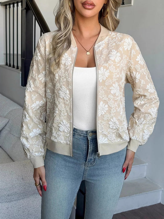Floral Lightweight Zip Up Jacket - minbolu -