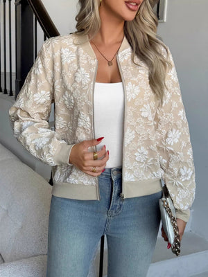 Floral Lightweight Zip Up Jacket - minbolu -