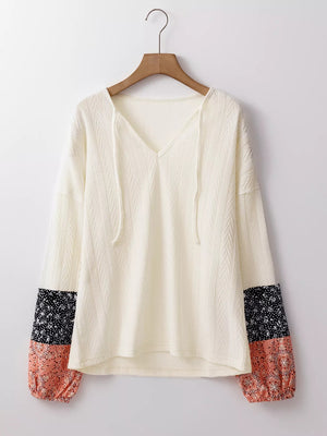 Floral Patchwork Textured Knit Drawstring V Neck Blouse - minbolu -