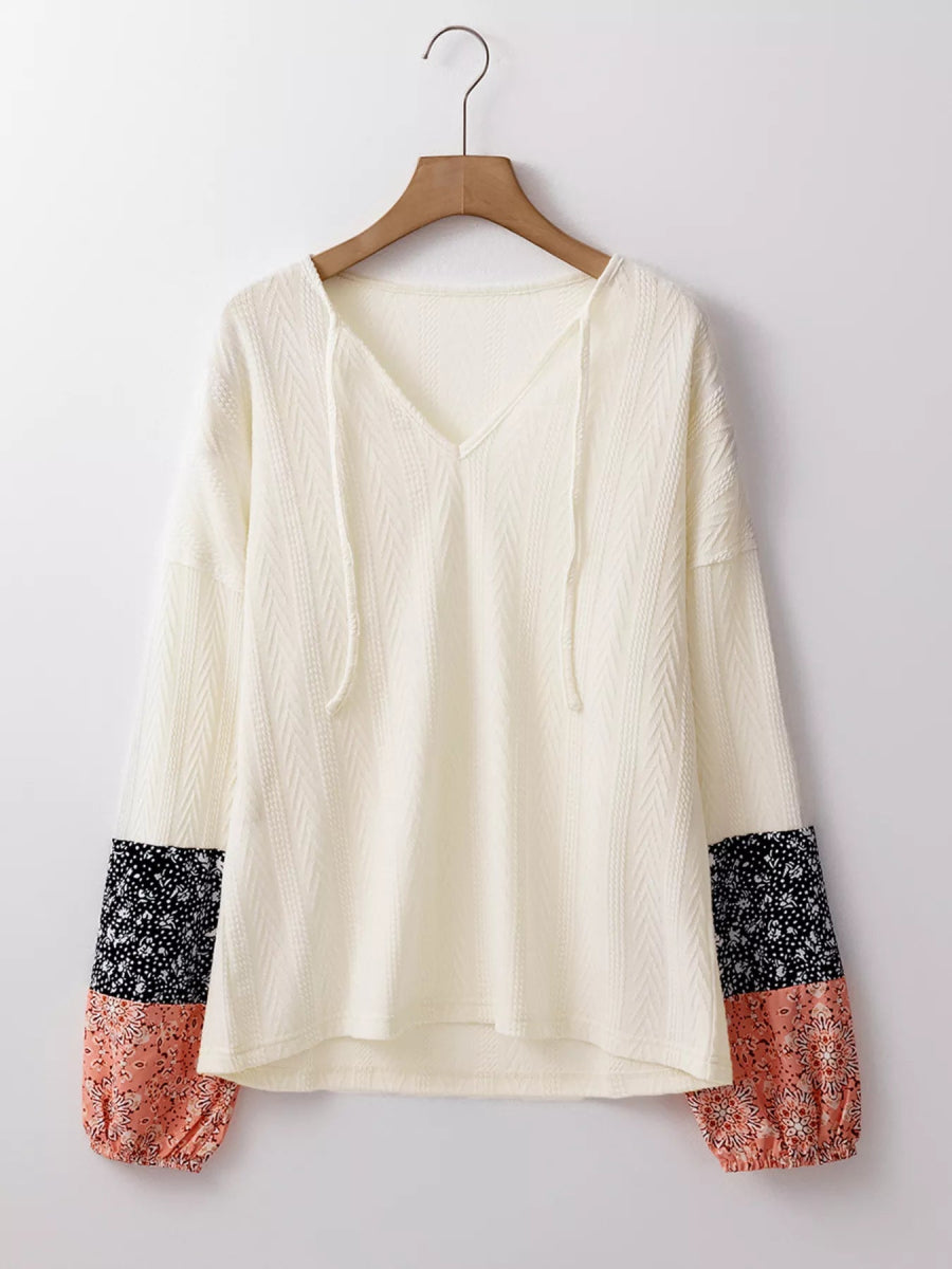 Floral Patchwork Textured Knit Drawstring V Neck Blouse - minbolu -