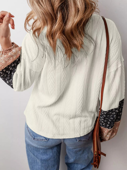 Floral Patchwork Textured Knit Drawstring V Neck Blouse - minbolu -