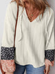 Floral Patchwork Textured Knit Drawstring V Neck Blouse - minbolu -