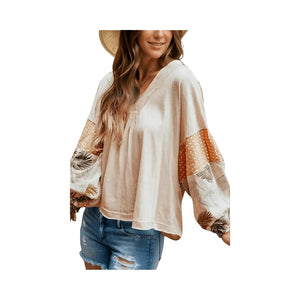 Floral Print Long Sleeve V-Neck Blouse - minbolu -