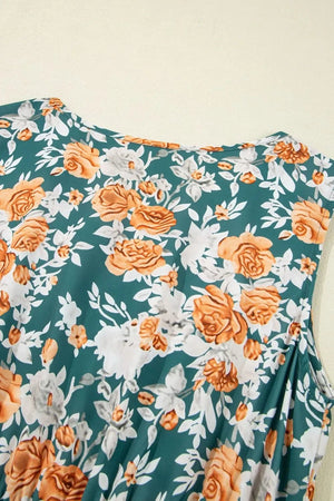 Floral Print Trimmed V Neck Tie Waist Sleeveless Dress - minbolu -