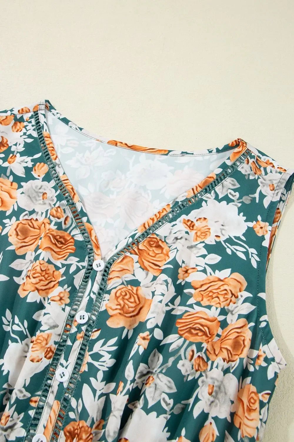 Floral Print Trimmed V Neck Tie Waist Sleeveless Dress - minbolu -