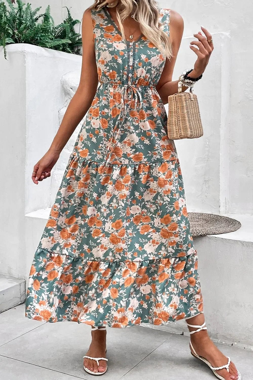 Floral Print Trimmed V Neck Tie Waist Sleeveless Dress - minbolu -
