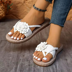 Flower Braided Espadrille Flat Sandals - minbolu -