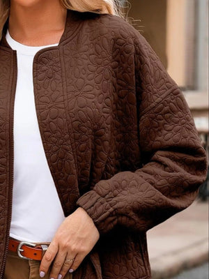 Full Size Floral Quilted Zip Up Jacket Plus Size - minbolu -