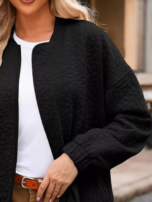 Full Size Floral Quilted Zip Up Jacket Plus Size - minbolu -