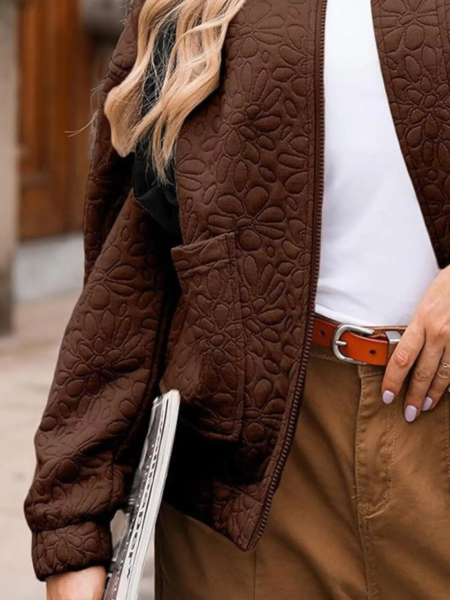 Full Size Floral Quilted Zip Up Jacket Plus Size - minbolu -