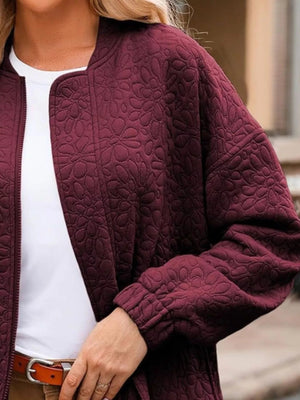 Full Size Floral Quilted Zip Up Jacket Plus Size - minbolu -