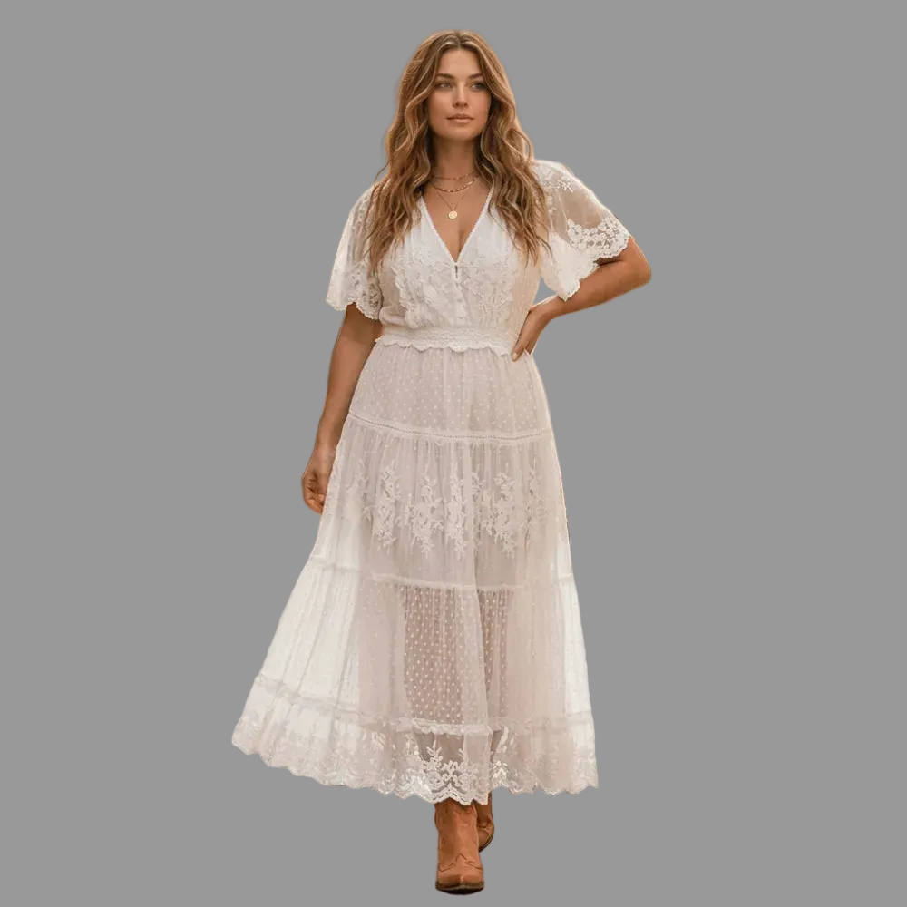 Full Size Lace Bohemian Short Sleeve Maxi Dress Plus Size