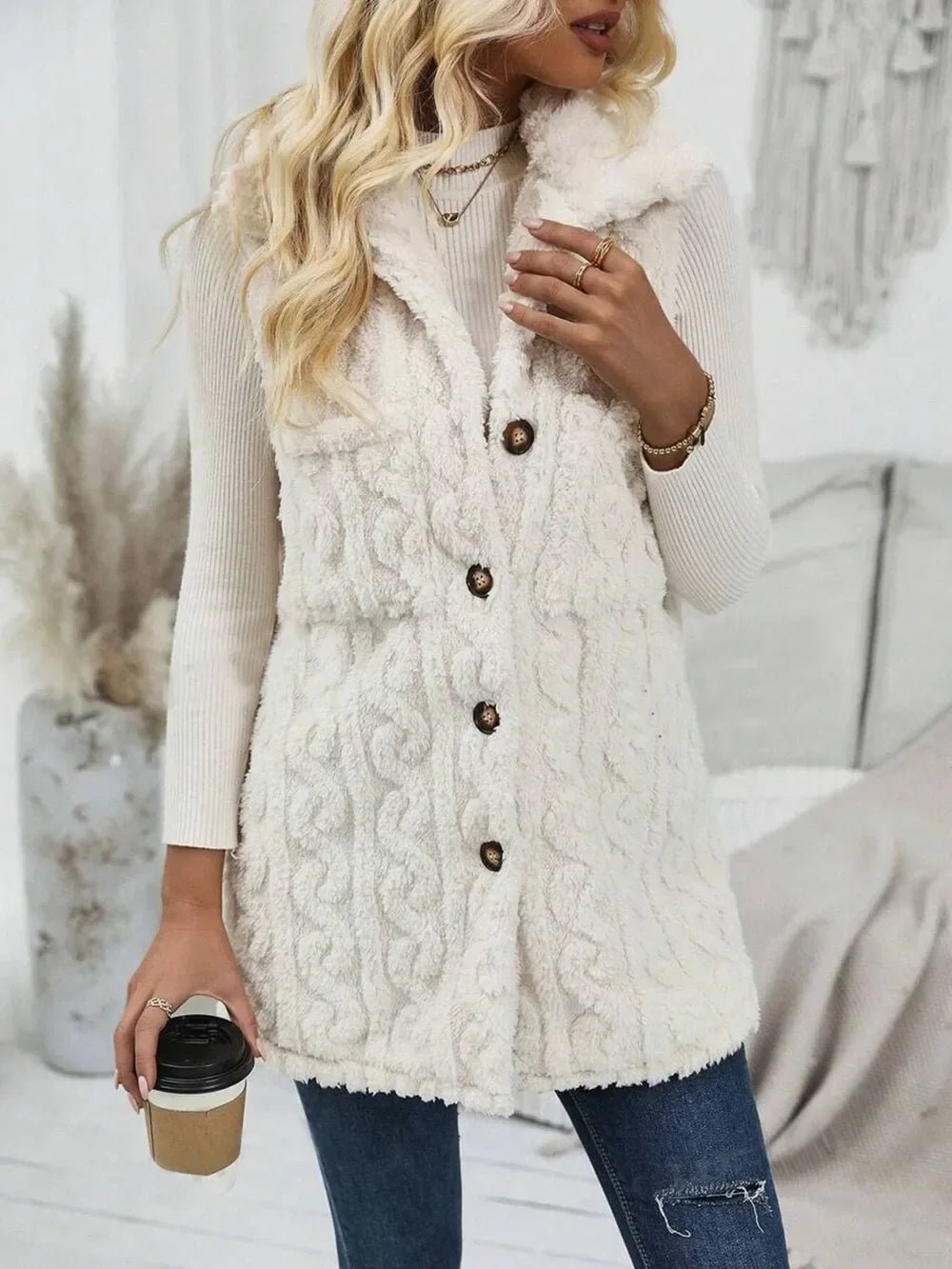 Fuzzy Button Up Vest Coat - minbolu -