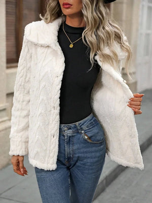 Fuzzy Texture Button Up Collared Neck Coat - minbolu -