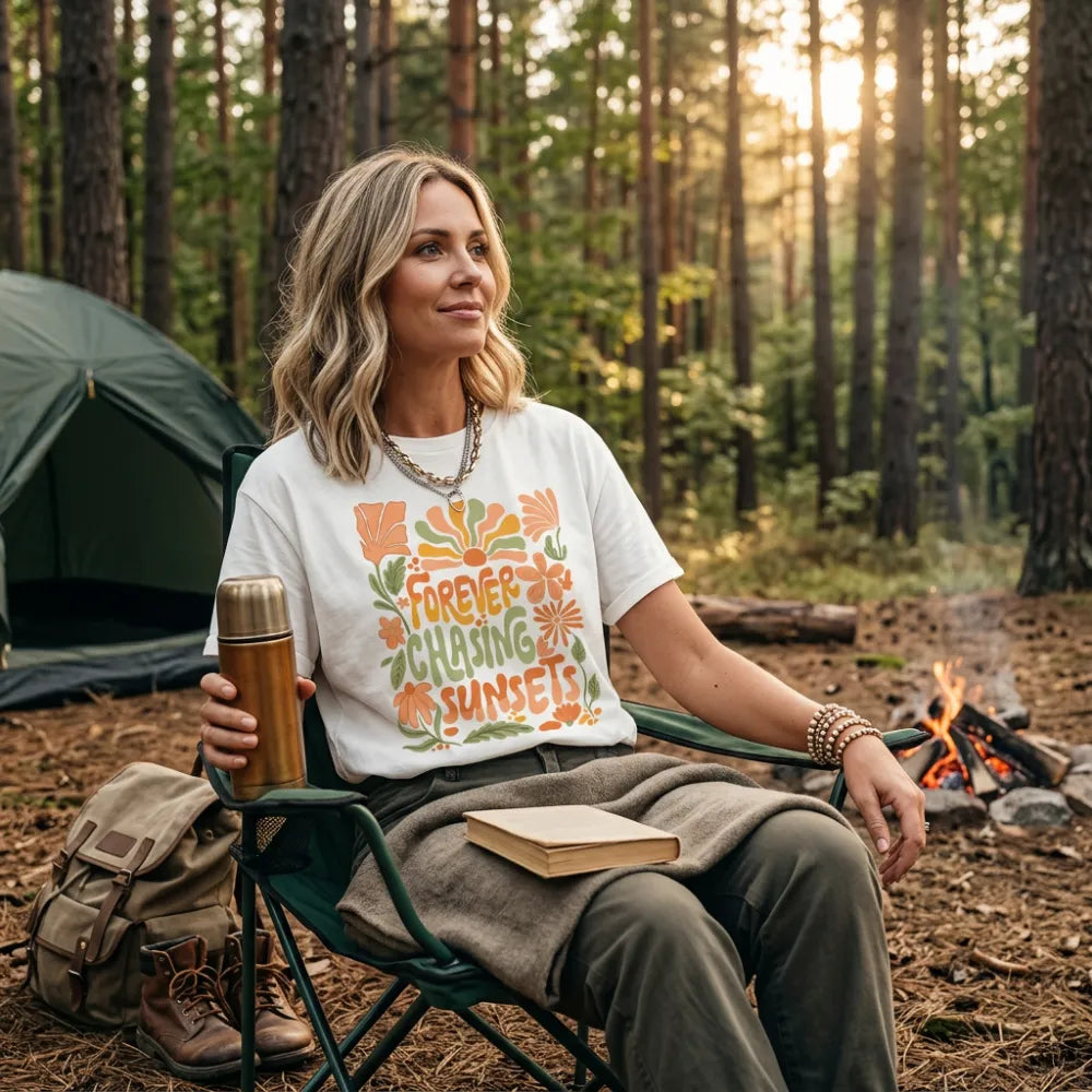 minbolu Forever Chasing Sunsets Round Neck T-shirt Statement Tee