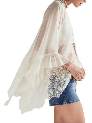 Lace V-Neck Ruffle Cover-Up - Beach Blouse - minbolu -
