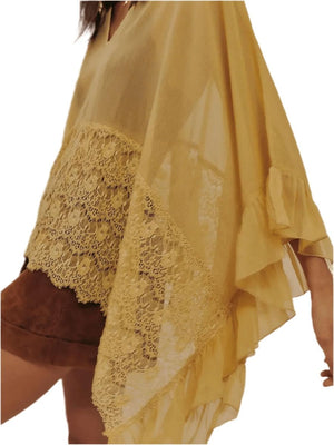 Lace V-Neck Ruffle Cover-Up - Beach Blouse - minbolu -