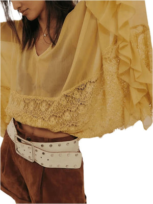 Lace V-Neck Ruffle Cover-Up - Beach Blouse - minbolu -