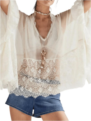 Lace V-Neck Ruffle Cover-Up - Beach Blouse - minbolu -