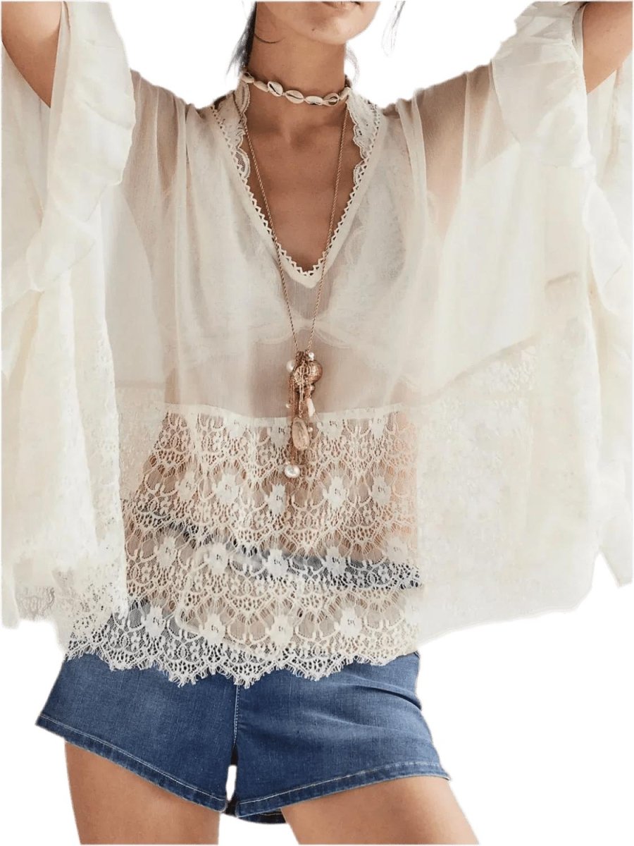 Lace V-Neck Ruffle Cover-Up - Beach Blouse - minbolu -