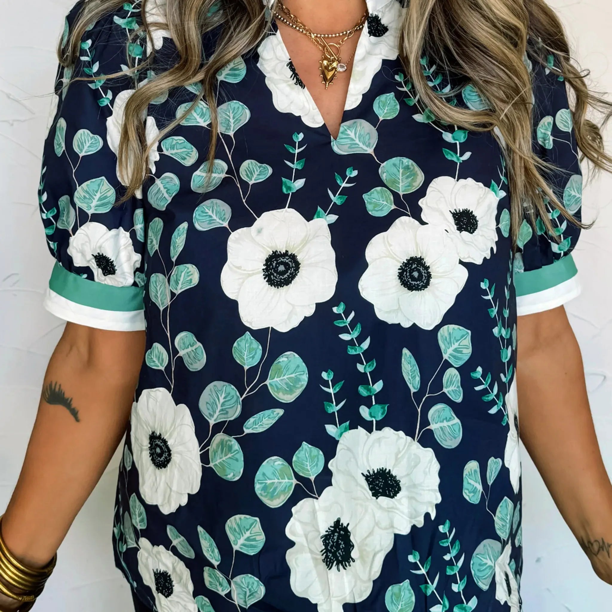 Blue Floral Print Striped Patchwork V Neck Short Sleeve Blouse
