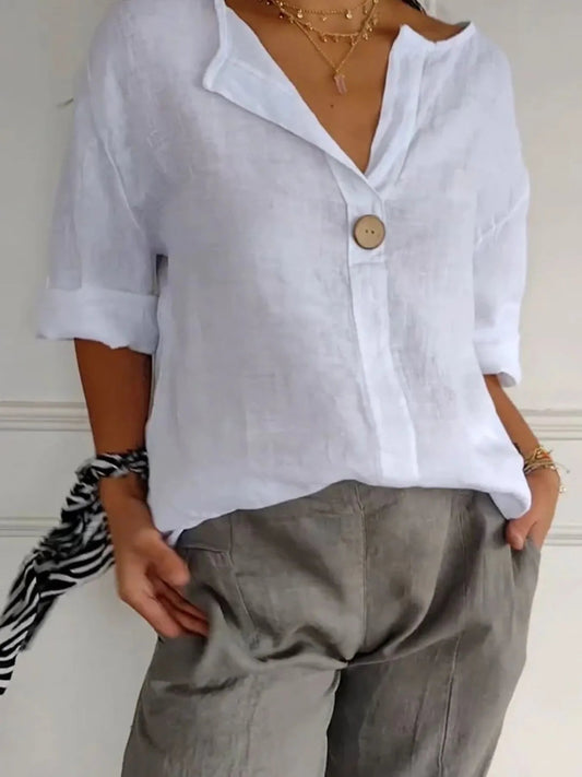 Linen Blend Notched Blouse - Lightweight Minimalist Top for Women - minbolu -