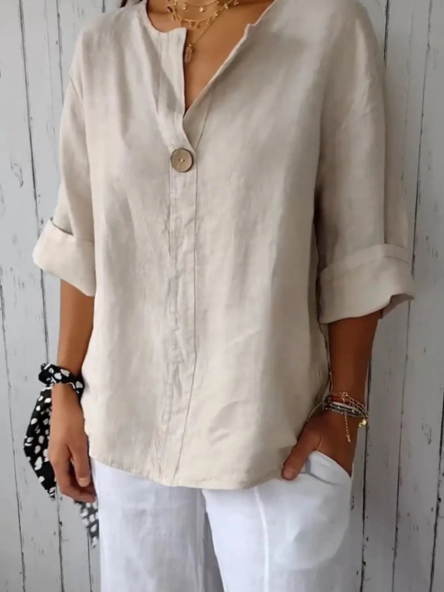 Linen Blend Notched Blouse - Lightweight Minimalist Top for Women - minbolu -
