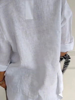 Linen Blend Notched Blouse - Lightweight Minimalist Top for Women - minbolu -