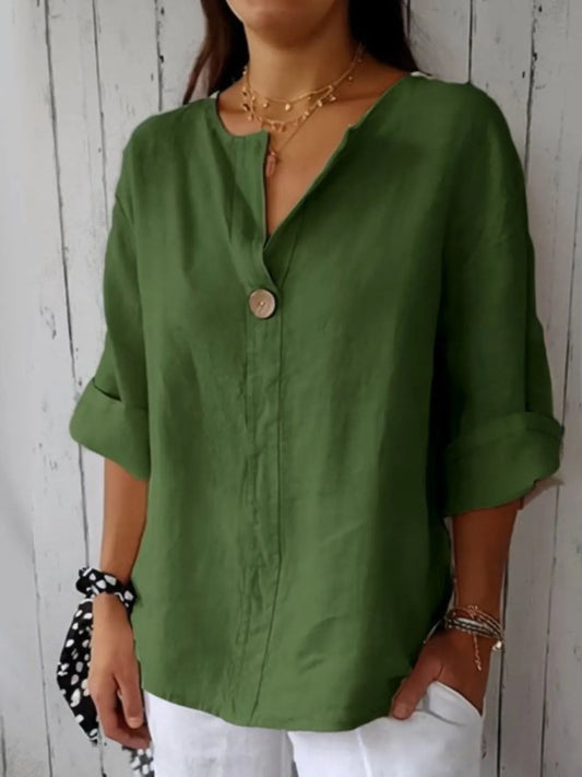 Linen Blend Notched Blouse - Lightweight Minimalist Top for Women - minbolu -