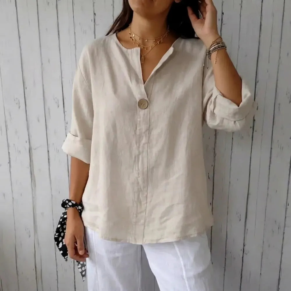 Linen Blend Notched Blouse - Lightweight Minimalist Top for Women