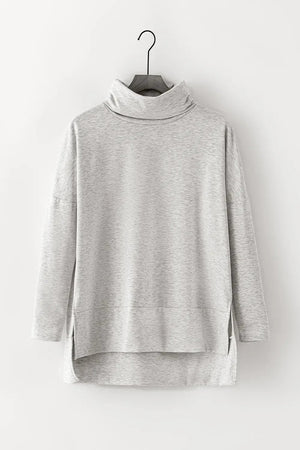 Long Sleeve Blouse - Side Slit High-Low Cowl Neck Style - minbolu -