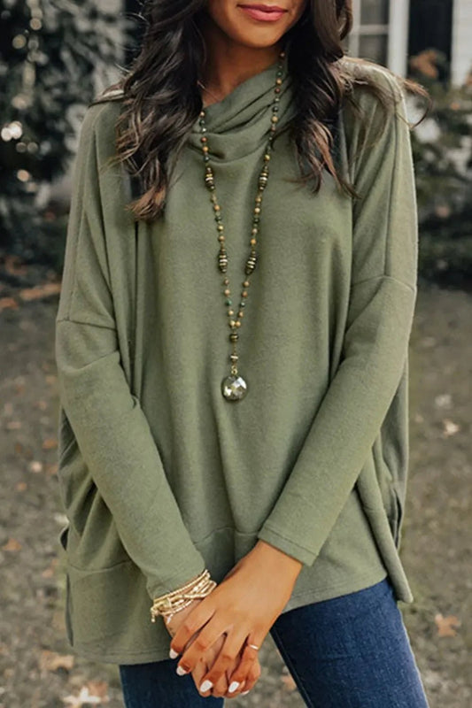 Long Sleeve Blouse - Side Slit High-Low Cowl Neck Style - minbolu -