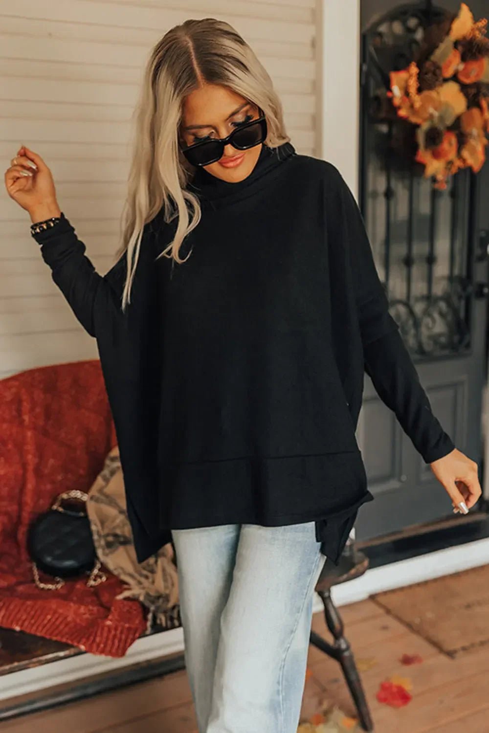 Long Sleeve Blouse - Side Slit High-Low Cowl Neck Style - minbolu -