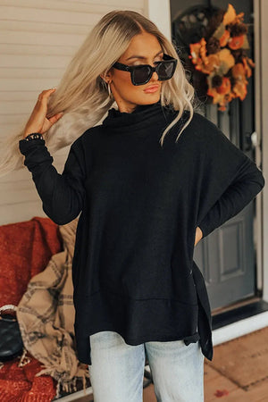 Long Sleeve Blouse - Side Slit High-Low Cowl Neck Style - minbolu -