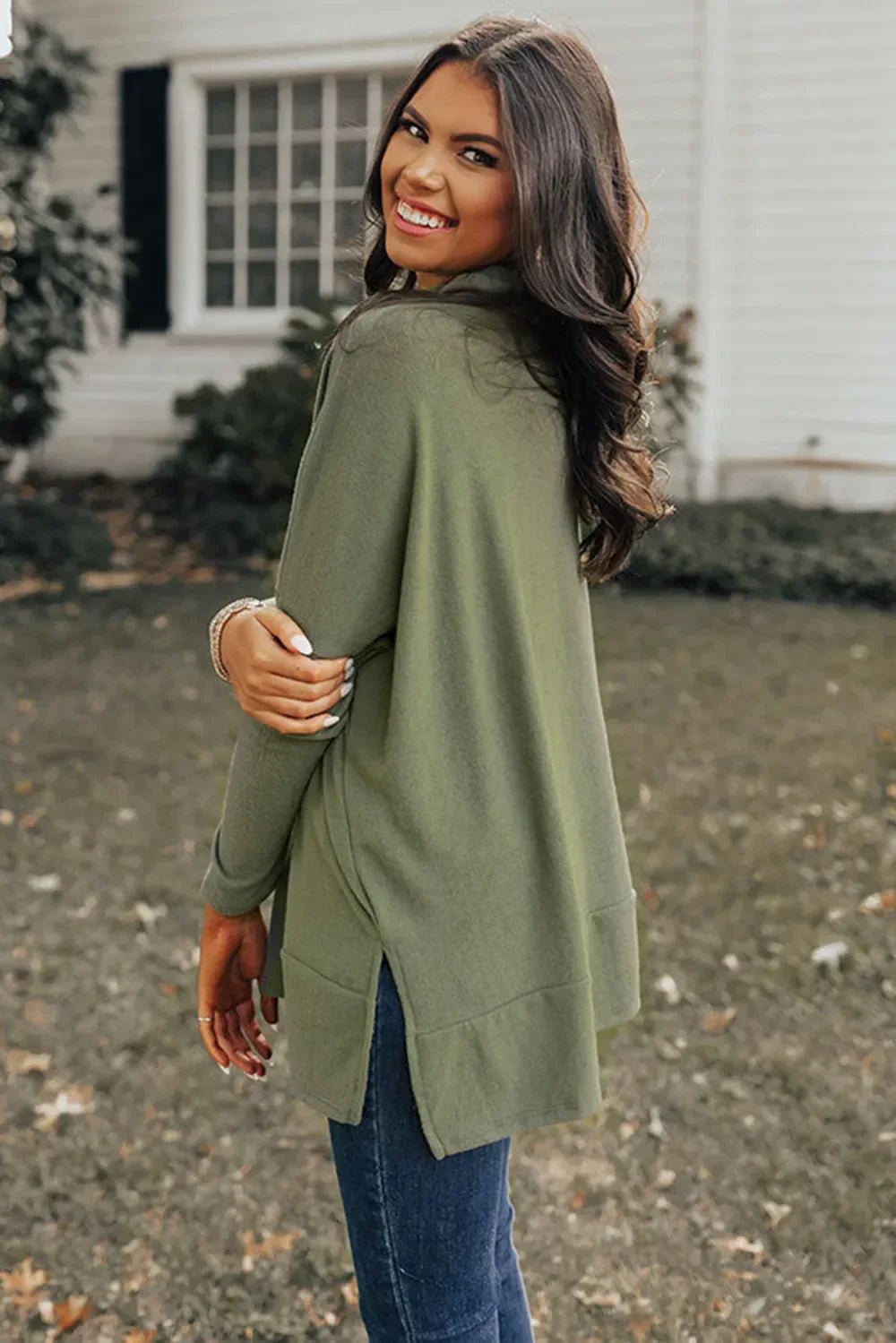 Long Sleeve Blouse - Side Slit High-Low Cowl Neck Style - minbolu -